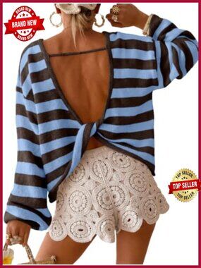 Womens Striped Open Back Oversized Sweater Crew Neck Pullover